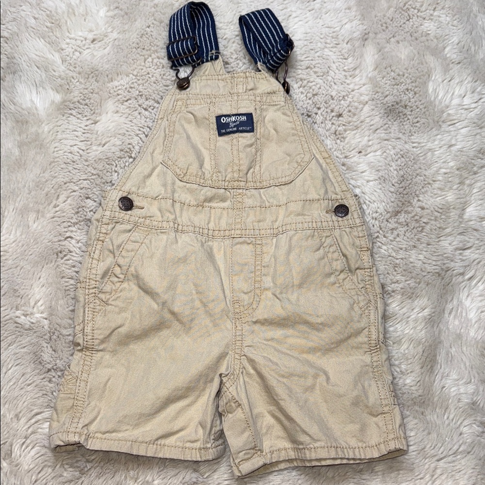 🍄24m OshKosh B'gosh Tan short Overalls with blue Striped Straps